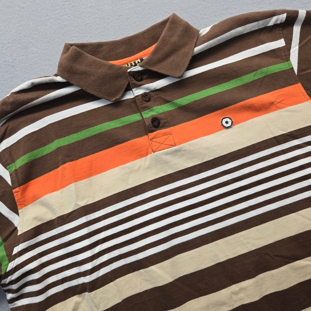 VTG Southpole Mens Striped Polo‎ Shirt Brown Orange Green White Cotton Large Y2K